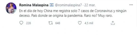 Romina Malaspina generó polémica con su teoría conspirativa sobre el "origen" del coronavirus