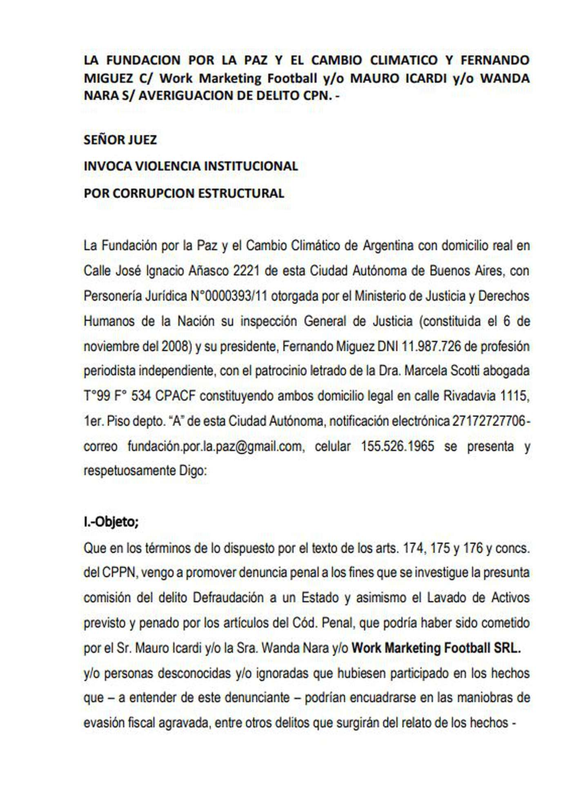 Una parte de la denuncia de la Fundación por el Paz y el Cambio Climático de Argentina contra Wanda Nara y Mauro Icardi.