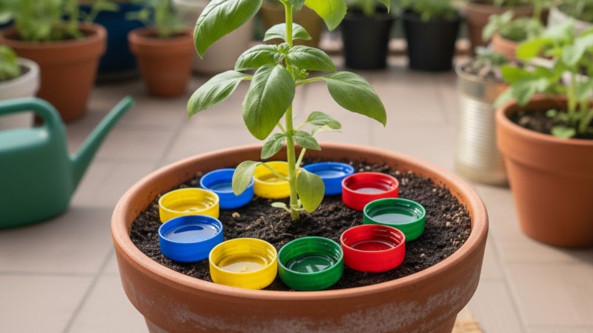 Poner tapitas de botella alrededor de los tallos de las plantas.