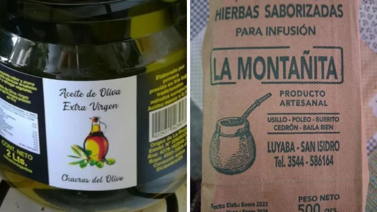 "Aceite de Oliva Extra Virgen, marca Chacras del Olivo" y "Hierbas saborizadas para infusión, marca La Montañita". "Aceite de Oliva Extra Virgen, marca Chacras del Olivo" y "Hierbas saborizadas para infusión, marca La Montañita".