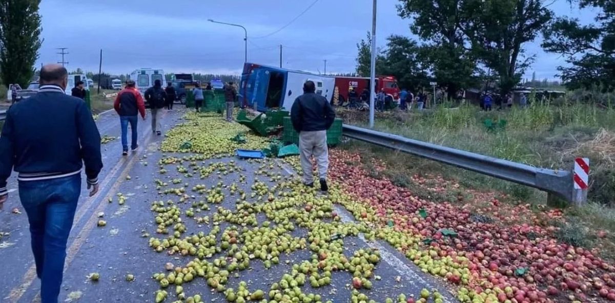 Tras la colisión, las frutas que transportaba el camión quedaron desparramadas por la ruta. Tras la colisión, las frutas que transportaba el camión quedaron desparramadas por la ruta.