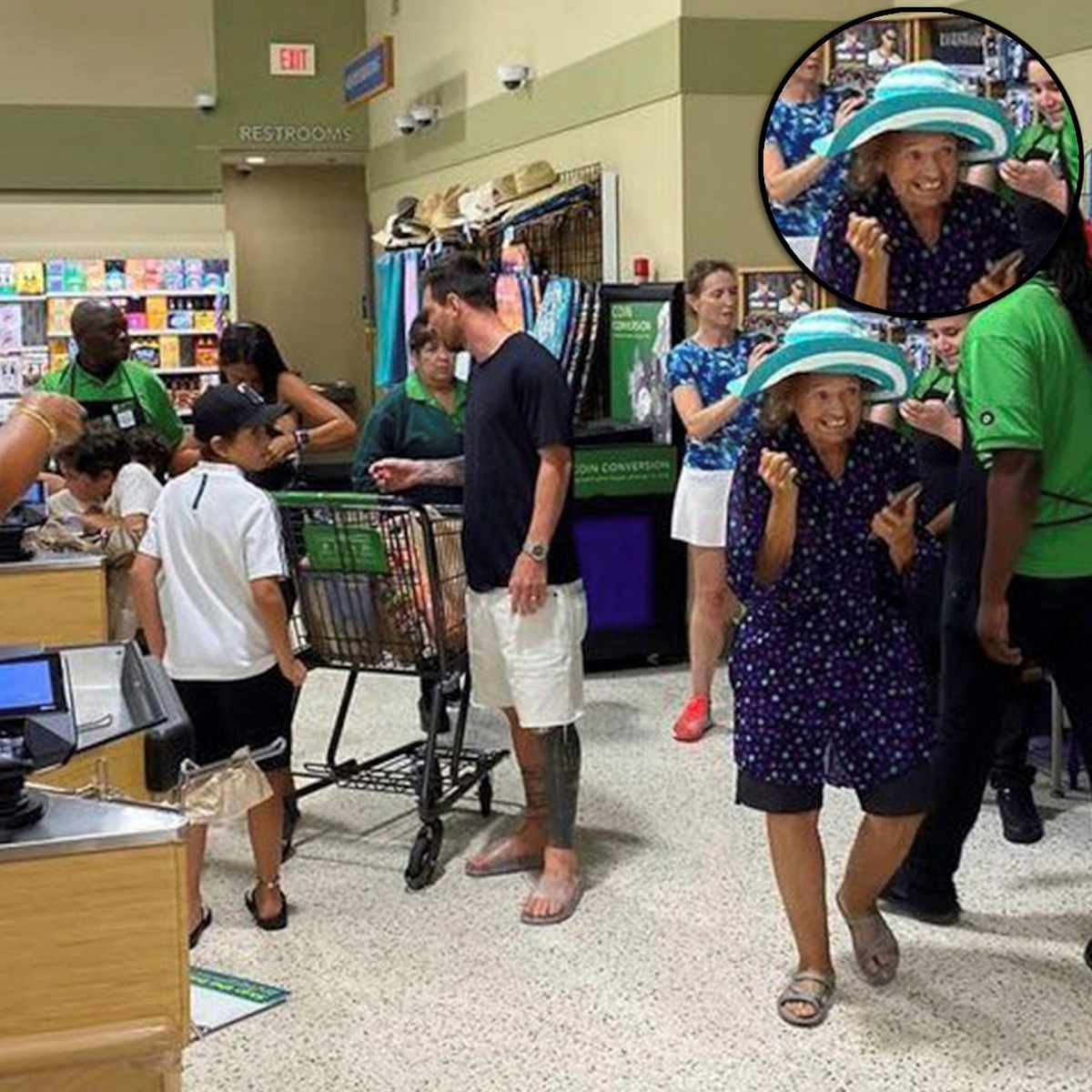 La señora expresa su alegría al notar que Lionel Messi está junto a ella. La señora expresa su alegría al notar que Lionel Messi está junto a ella.