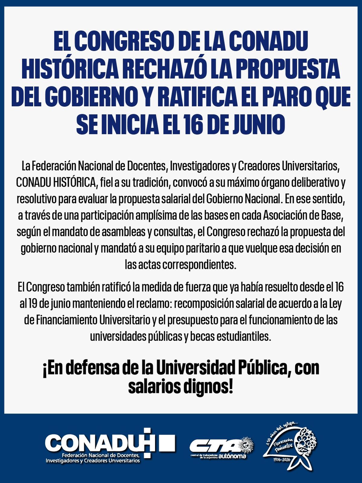 Según informó la organización sindical, el Congreso resolvió rechazar la propuesta salarial y mandató a sus paritarios a formalizar esa postura en las negociaciones correspondientes. Según informó la organización sindical, el Congreso resolvió rechazar la propuesta salarial y mandató a sus paritarios a formalizar esa postura en las negociaciones correspondientes.