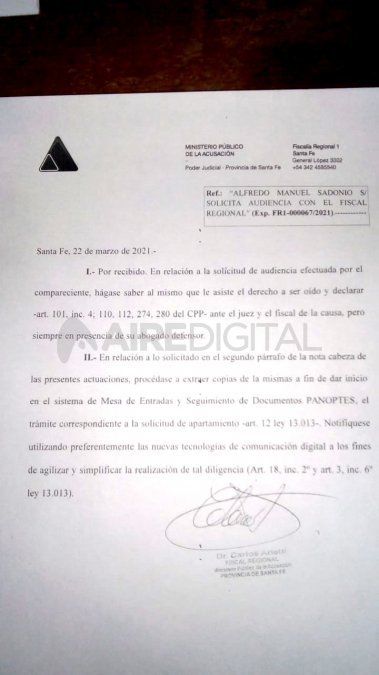 Esta es la respuesta del fiscal Carlos Arietti al bioquímico Alfredo Sadonio, detenido a partir de supuestas llamadas incriminantes que nunca existieron.