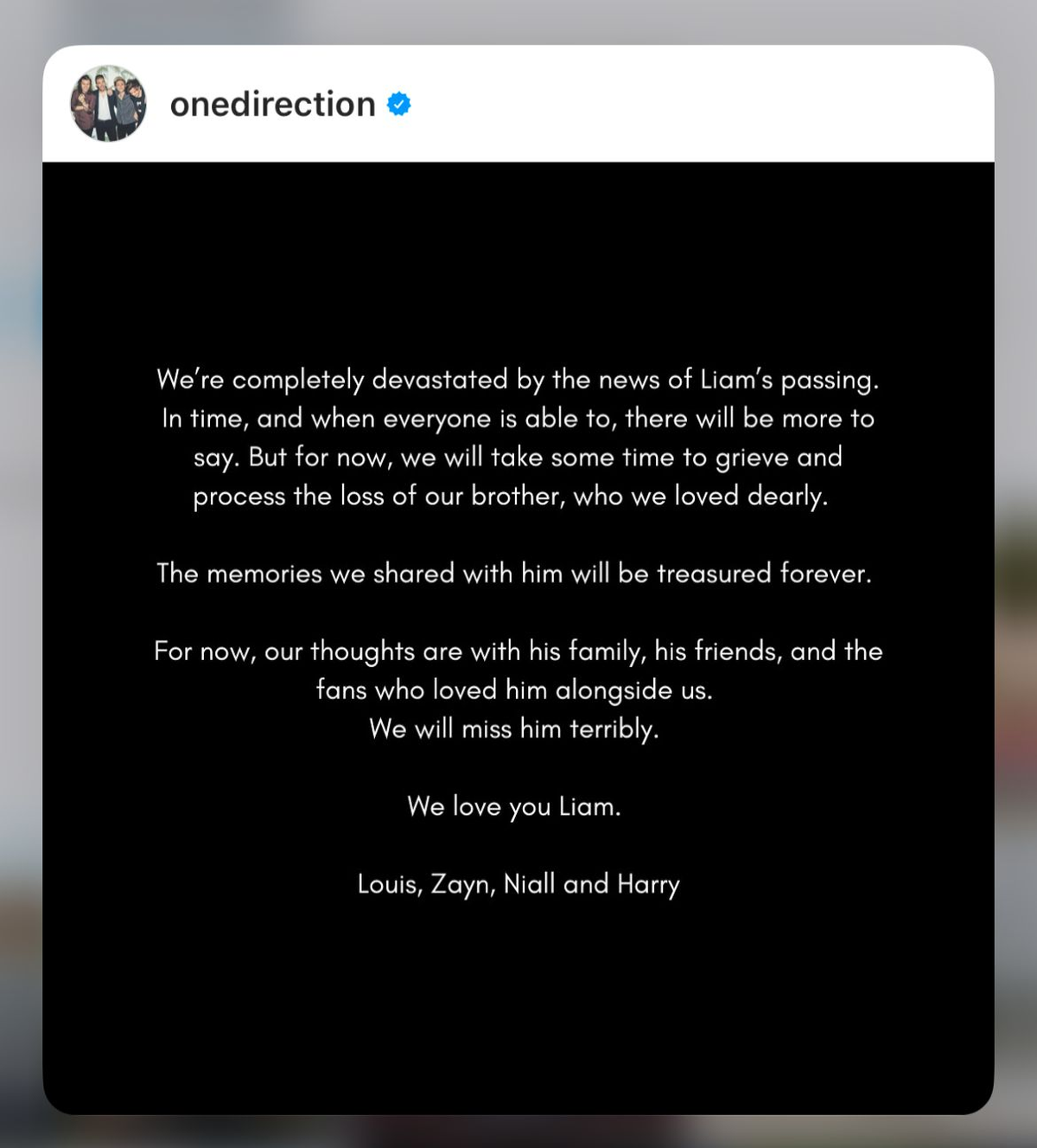 El mensaje de los cuatro miembros de One Direction luego de la muerte de Liam Payne. El mensaje de los cuatro miembros de One Direction luego de la muerte de Liam Payne.