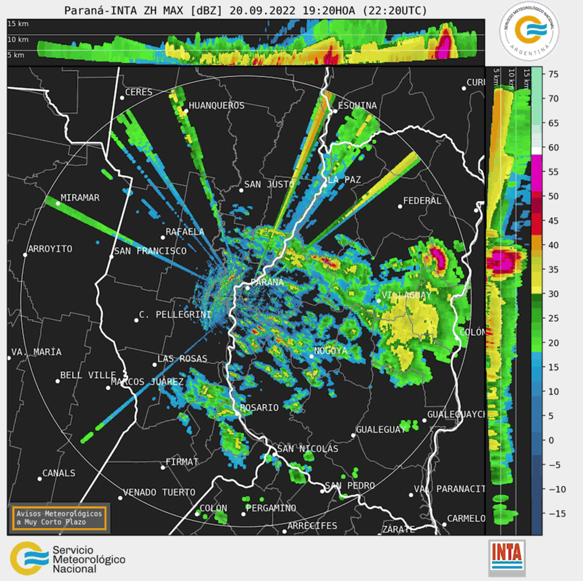 En la imagen de radar permite visualizar algunas precipitaciones débiles y puntualmente moderadas en la región.