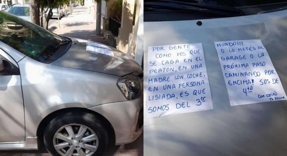 Estacionó su auto ocupando la vereda y una vecina le pegó un cartel de advertencia: Sos de cuarta.