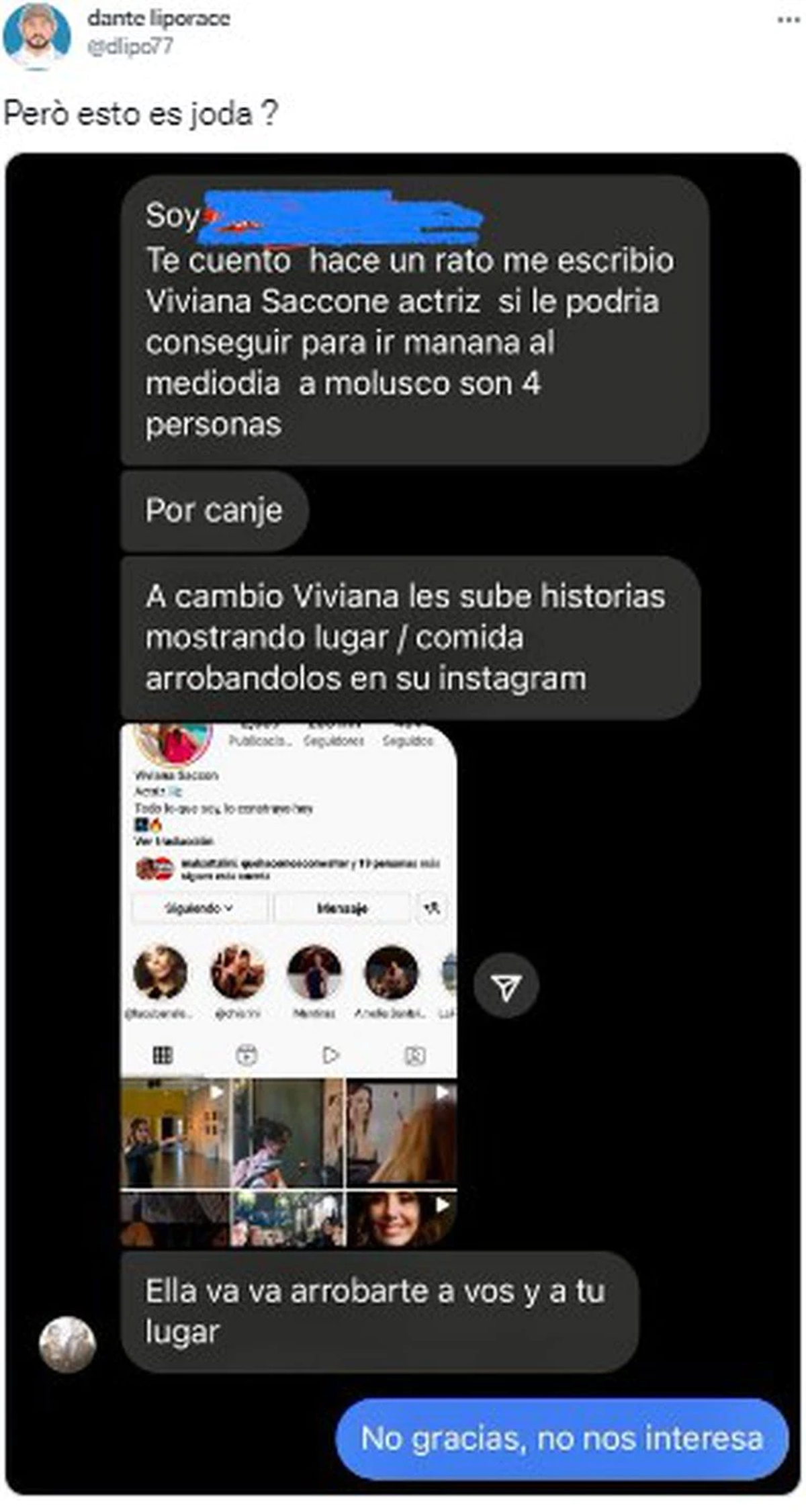 El mensaje donde Dante Liporace expuso el supuesto pedido de canje de Viviana Saccone. (Foto: Twitter / @dlipo77) 