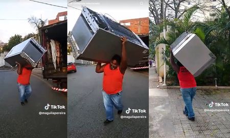 Un fletero brasileño se volvió sensación en las redes sociales luego de que un video que lo muestra bailando con una heladera en brazos se hiciera viral en TikTok. Un fletero brasileño se volvió sensación en las redes sociales luego de que un video que lo muestra bailando con una heladera en brazos se hiciera viral en TikTok.
