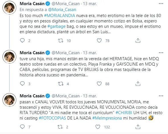 La secuencia de respuestas de Moria Casán en Twitter.