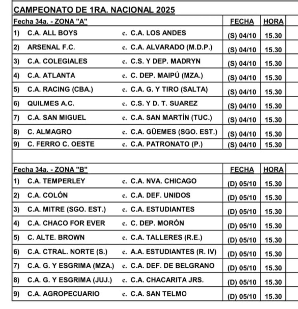 Programaci&oacute;n de la fecha N.&deg; 34 de la Primera Nacional.