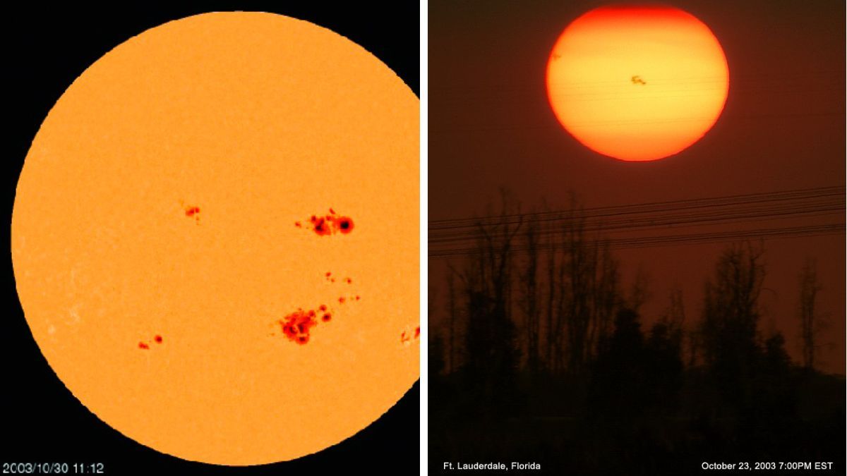 Año 2003. A la izquierda, una foto muestra al Sol con dos manchas gigantes. La otra imagen a la derecha fue registrada al atardecer, con una cámara apuntando al Sol a través de las nubes. Muestra a simple vista las manchas, la 486 que es la que originó todas las explosiones de la tormenta solar del 2003 y, a un costado del Sol, estaba apareciendo la otra mancha, la 488.