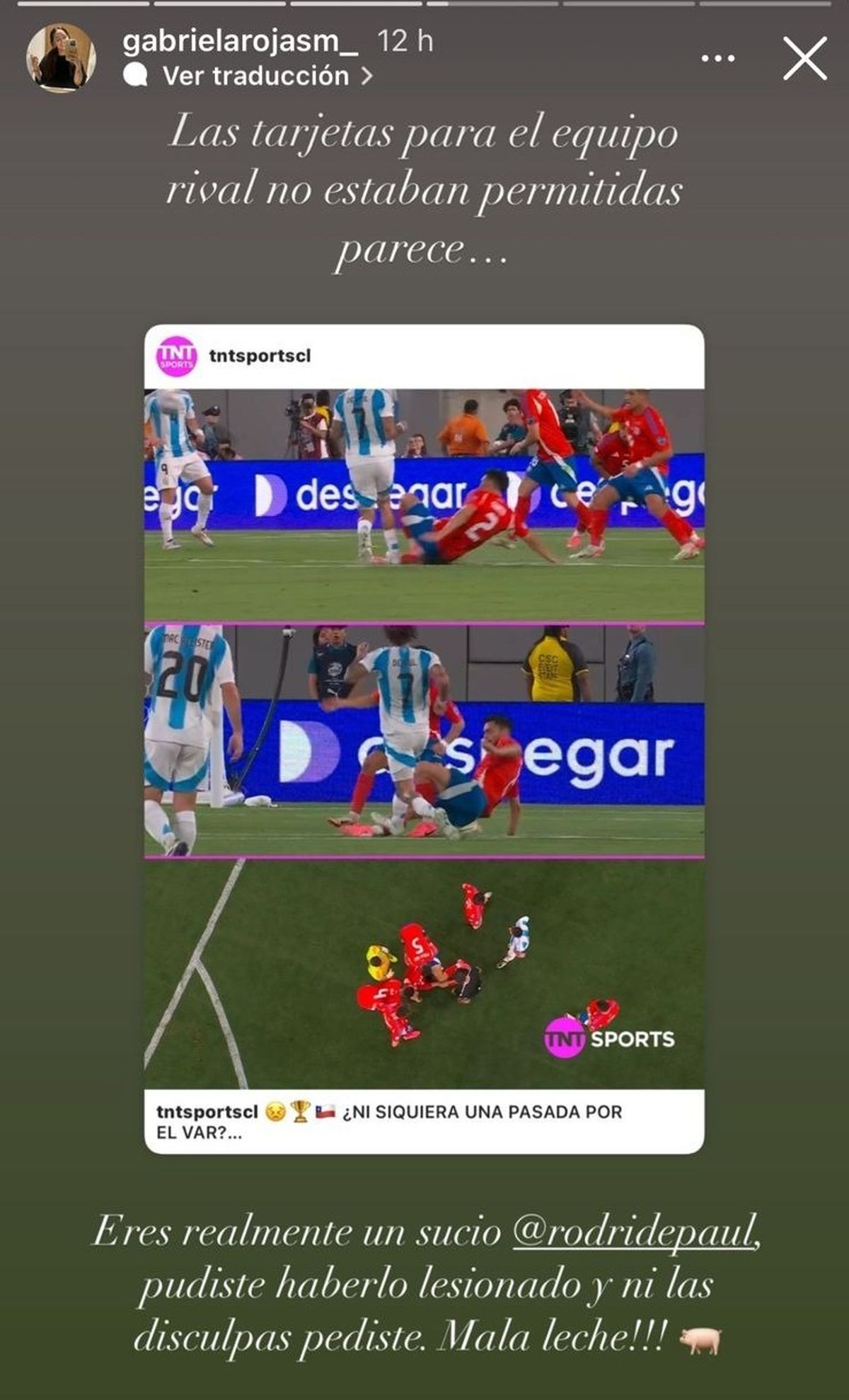 La publicaci&oacute;n de la esposa del jugador chileno contra Rodrigo De Paul.