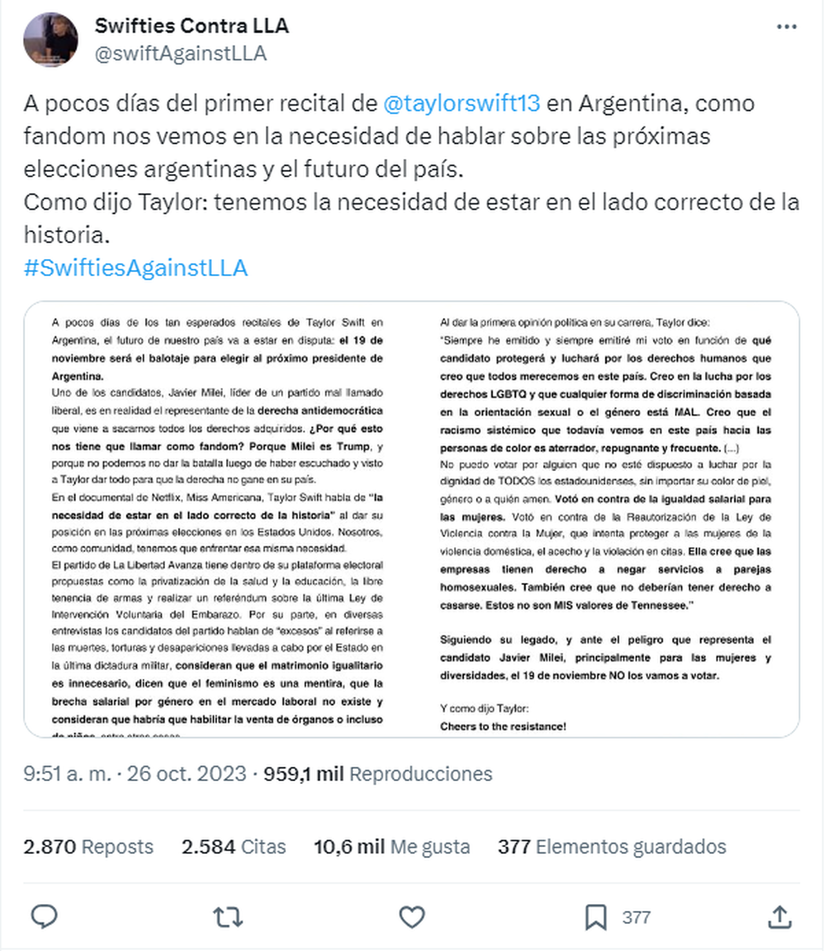 Las fans de Taylor Swift se pronunciaron en contra de Javier Milei y La Libertad Avanza. Las fans de Taylor Swift se pronunciaron en contra de Javier Milei y La Libertad Avanza.