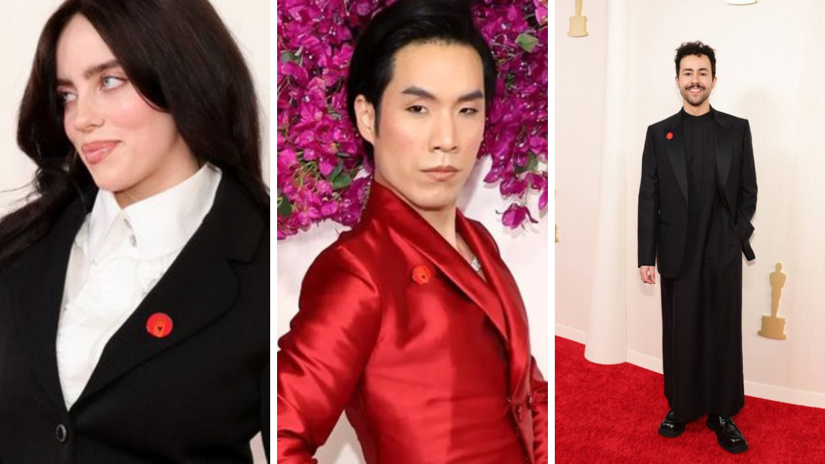 Billie Eilish, Eugene Lee Yang y Ramy Youssef mostrando el pin por el cese al fuego en Palestina en los Premios Óscar. Billie Eilish, Eugene Lee Yang y Ramy Youssef mostrando el pin por el cese al fuego en Palestina en los Premios Óscar.