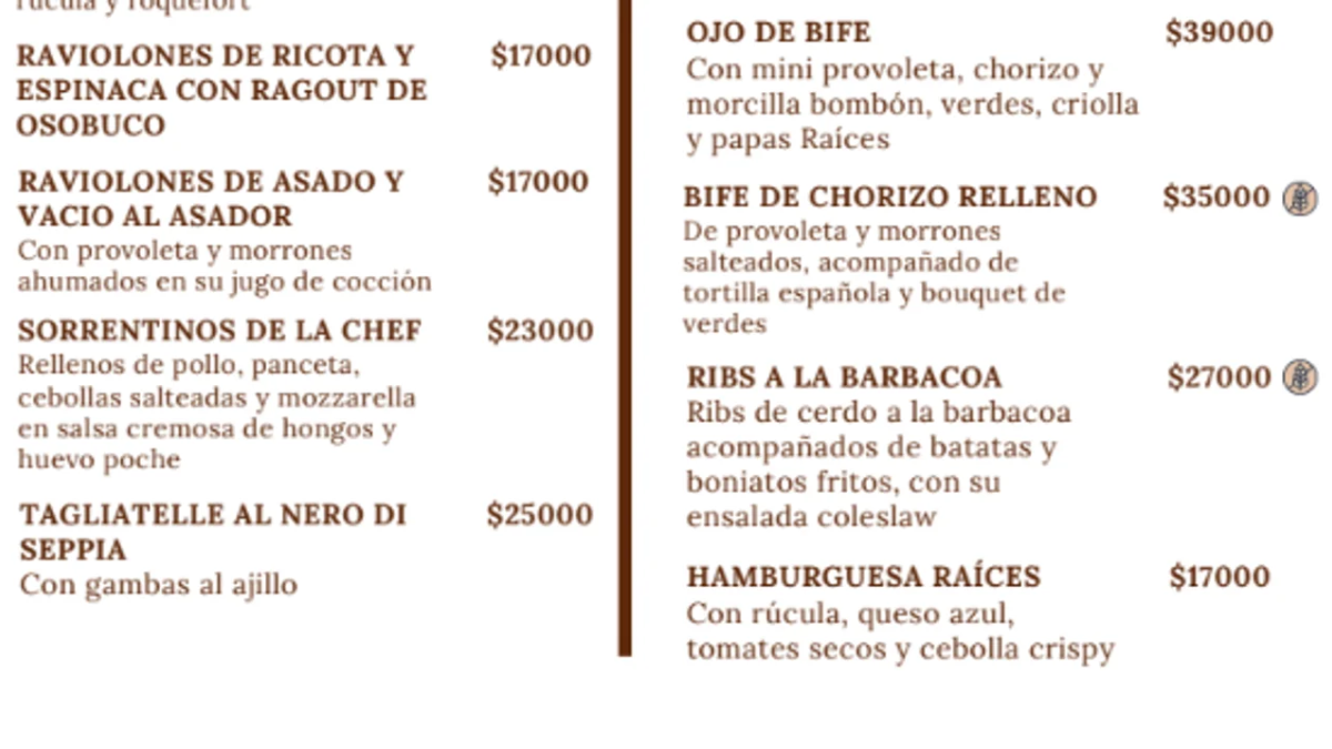Precios de la carta del restaurante Raíces. Precios de la carta del restaurante Raíces.