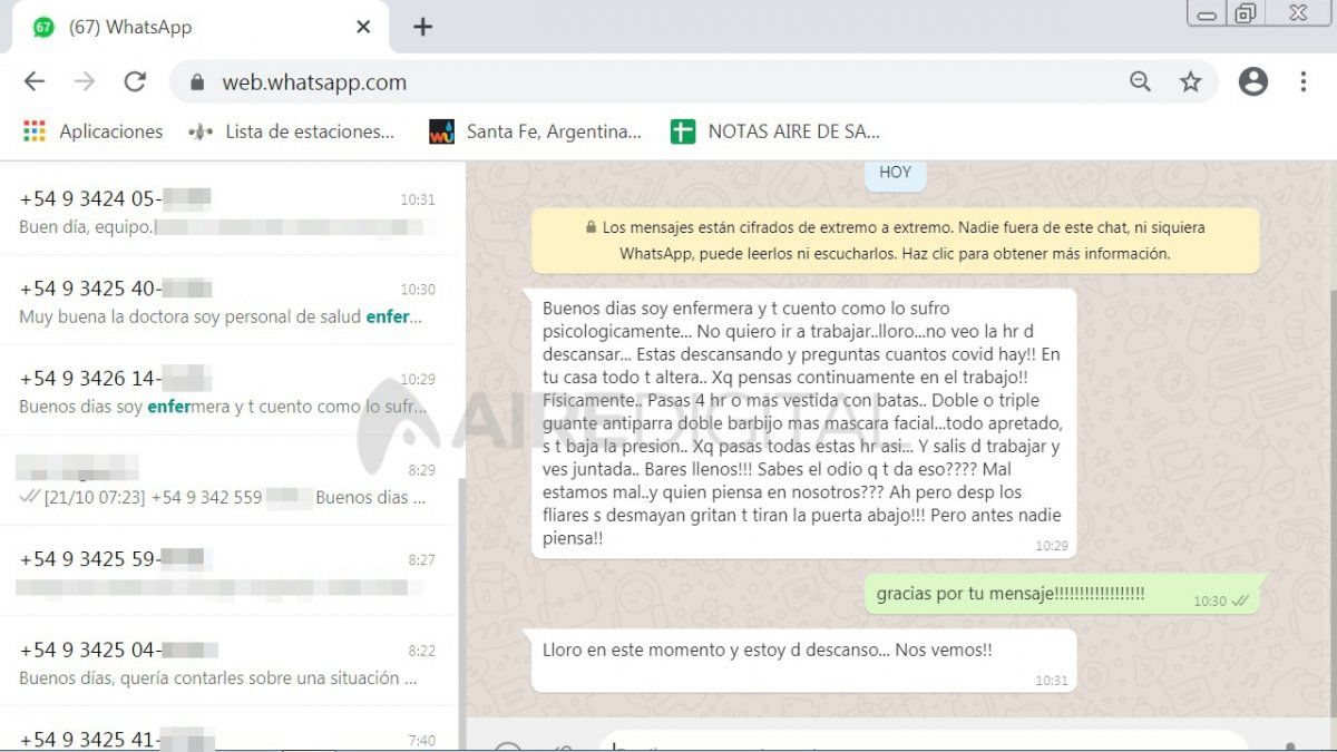 Durante la entrevista a la secretaria general de Amra, Sandra Maiorana, llegaron varios mensajes de personal de salud al WhatsApp de Aire de Santa Fe. Uno de ellos, muy sincero, llam&oacute; la atenci&oacute;n.
