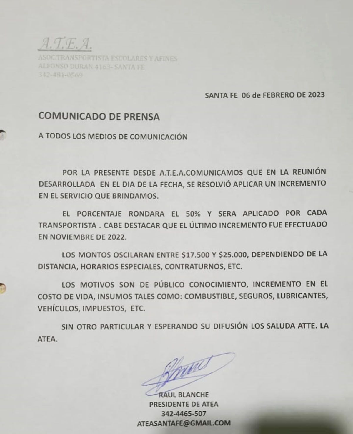 El comunicado de transportistas.