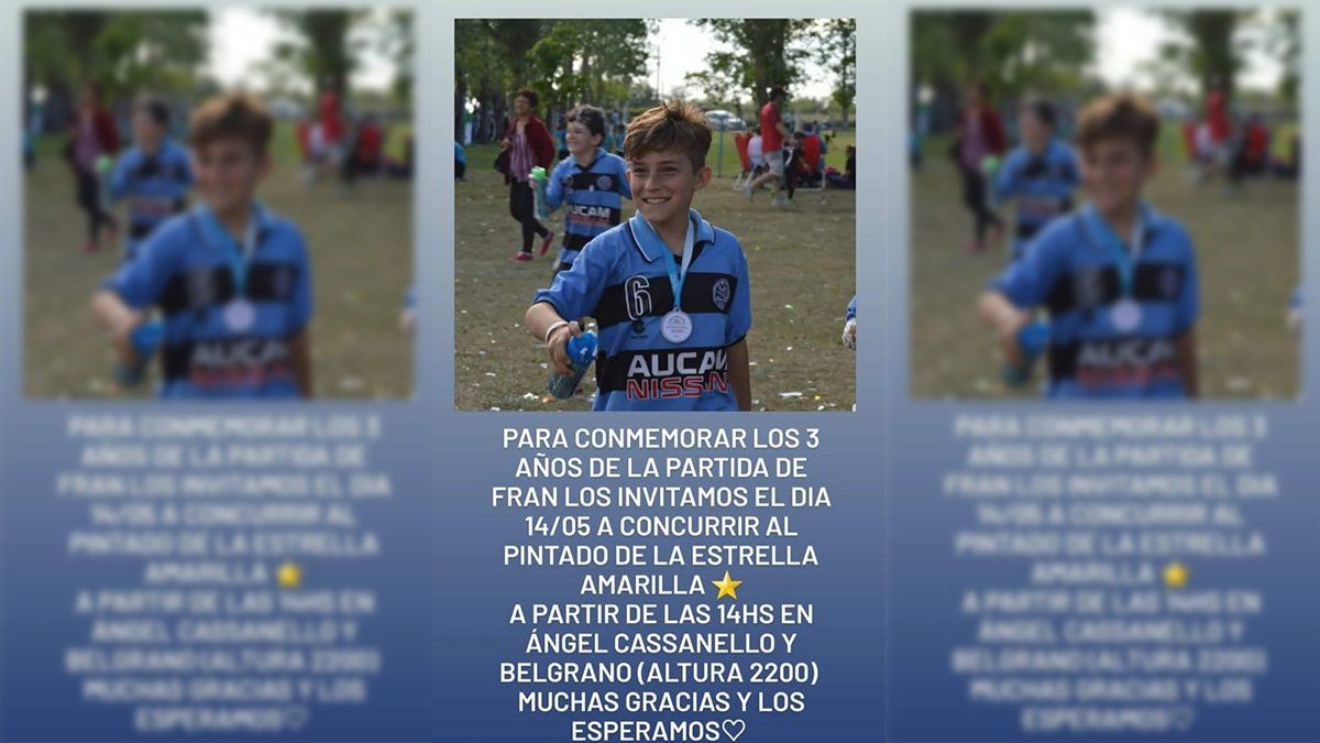 La ceremonia se realizará a pedido de la familia de Fran en el lugar del choque, Ángel Cassanello al 2.200, el sábado a partir de las 14.00 horas.La convocatoria es abierta a todas las personas que deseen participar.