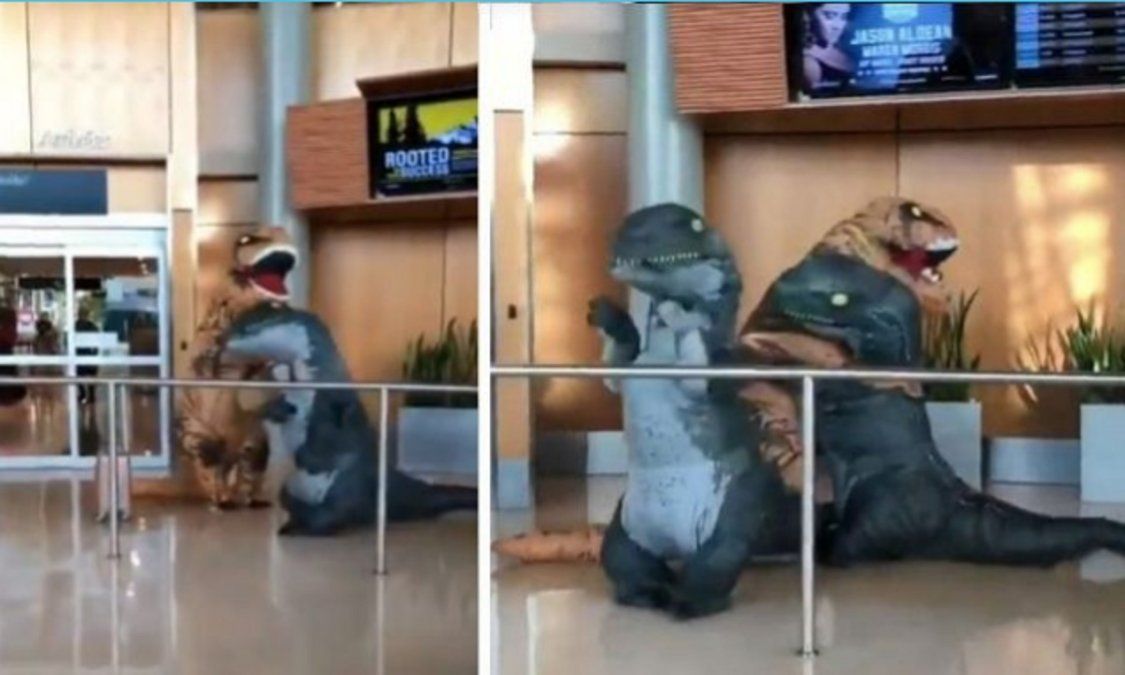 Amor de abuela: sus nietos la esperaron disfrazados de dinosaurios en el aeropuerto y ella apareció vestida igual