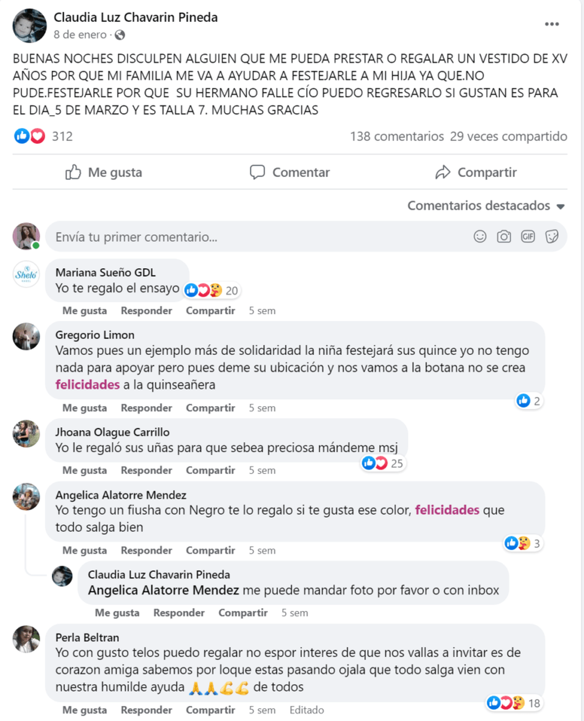 Los usuarios de Facebook se conmovieron con el pedido de la madre y ofrecieron mucho más que un vestido. 