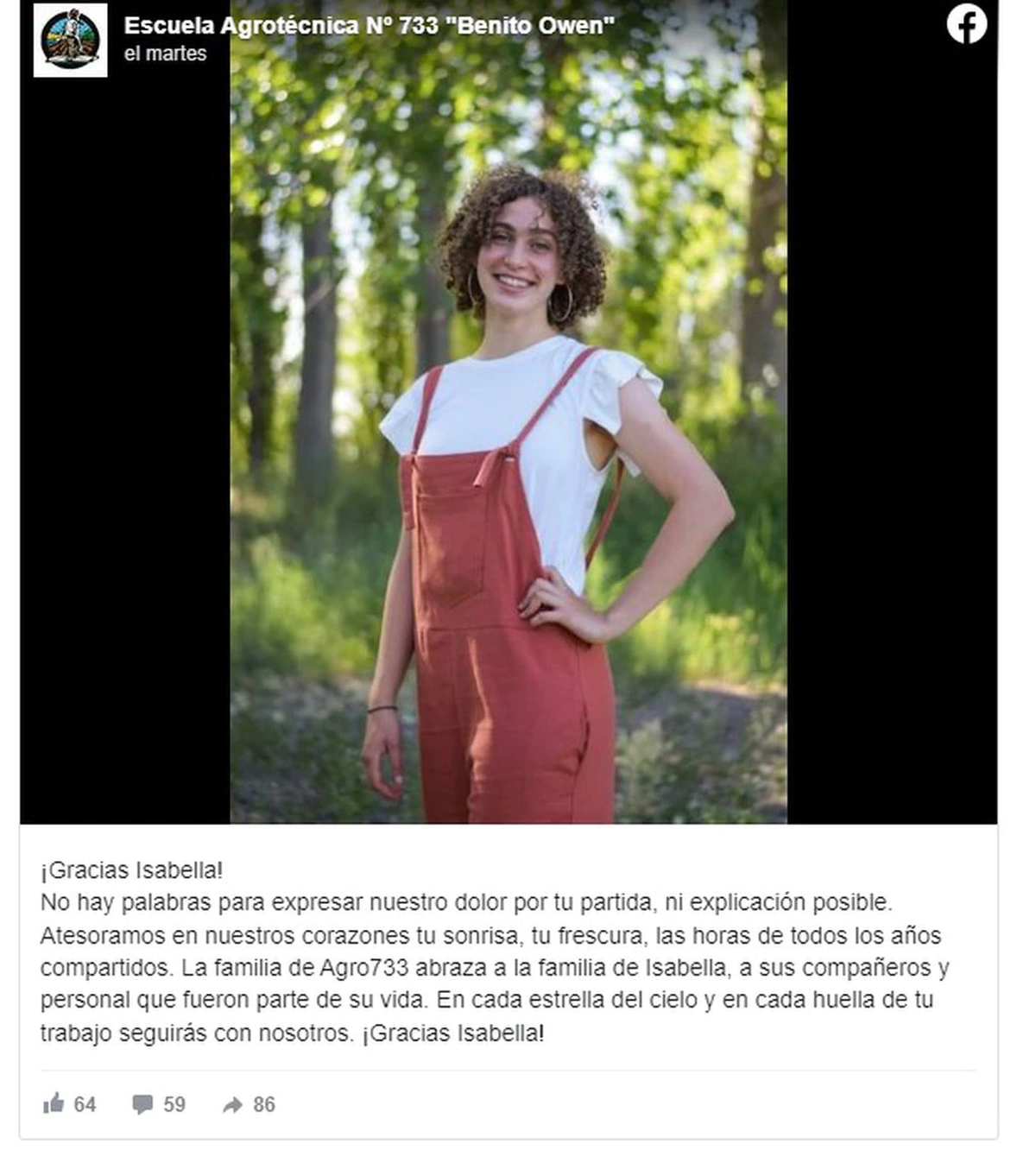 El mensaje de la escuela donde asisti&oacute; Isabella Marino.