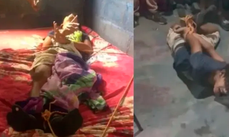 La grabación difundida en redes sociales muestra cómo un grupo cristiano de choque, especializado en sacar demonios de la localidad hondureña, reza alrededor del joven para calmarlo y ayudarlo en esta supuesta posesión. La grabación difundida en redes sociales muestra cómo un grupo cristiano de choque, especializado en sacar demonios de la localidad hondureña, reza alrededor del joven para calmarlo y ayudarlo en esta supuesta posesión.