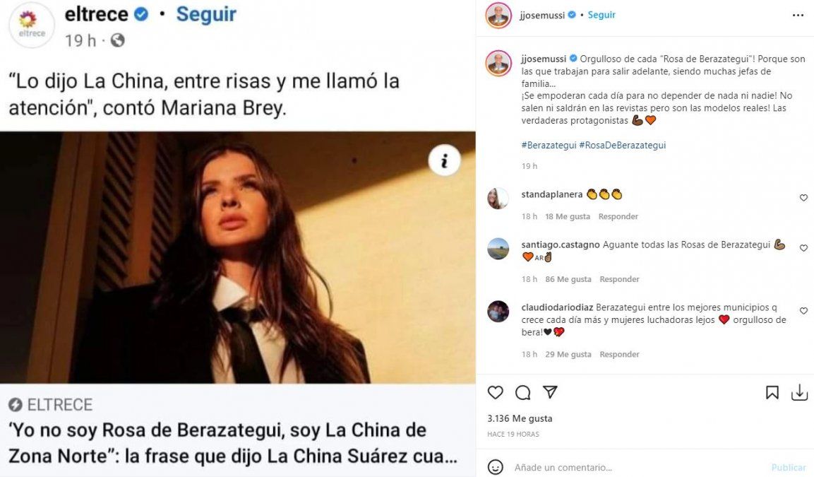 Juan José Mussi, el intendente de Berazategui, habló de la China Suárez y a ella no le gustó nada.
