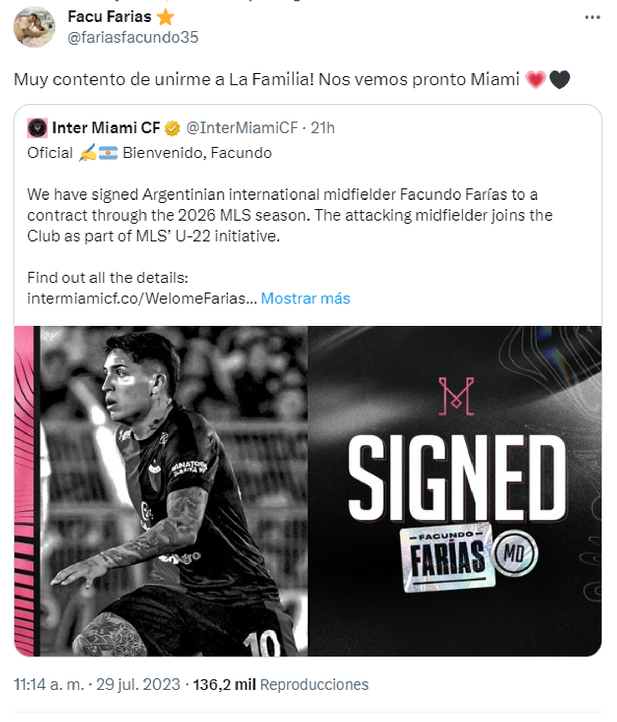 El mensaje de Facundo Farías a Inter Miami en su cuenta de twitter. El mensaje de Facundo Farías a Inter Miami en su cuenta de twitter.