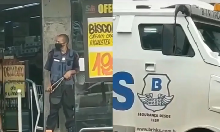Un guardia de seguridad de Brasil defiende un camión de caudales con una gomera