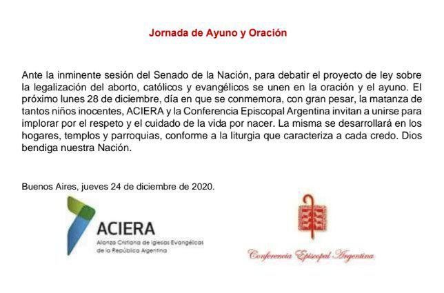 Católicos y evangelistas convocaron a una jornada de ayuno y oración en la previa de la votación del aborto
