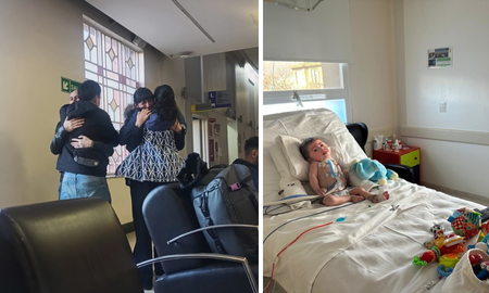 El abrazo del alma: los padres de Luca se funden con los de Felipe tras el trasplante, mientras Felipe espera en su habitación del Hospital Italiano.