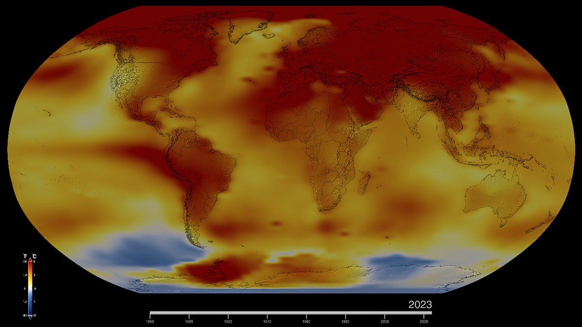 Este mapa de la Tierra en 2023 muestra las anomalías de la temperatura global de la superficie, es decir, cuánto más cálida o más fría estuvo cada región del planeta en comparación con el promedio del período de 1951 a 1980. Créditos: Estudio de Visualización Científica del Centro Goddard de la NASA. Este mapa de la Tierra en 2023 muestra las anomalías de la temperatura global de la superficie, es decir, cuánto más cálida o más fría estuvo cada región del planeta en comparación con el promedio del período de 1951 a 1980. Créditos: Estudio de Visualización Científica del Centro Goddard de la NASA.