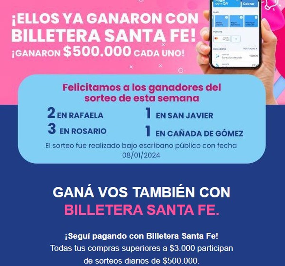 Flyer de ganadores del sorteo de Billetera Santa Fe. Flyer de ganadores del sorteo de Billetera Santa Fe.