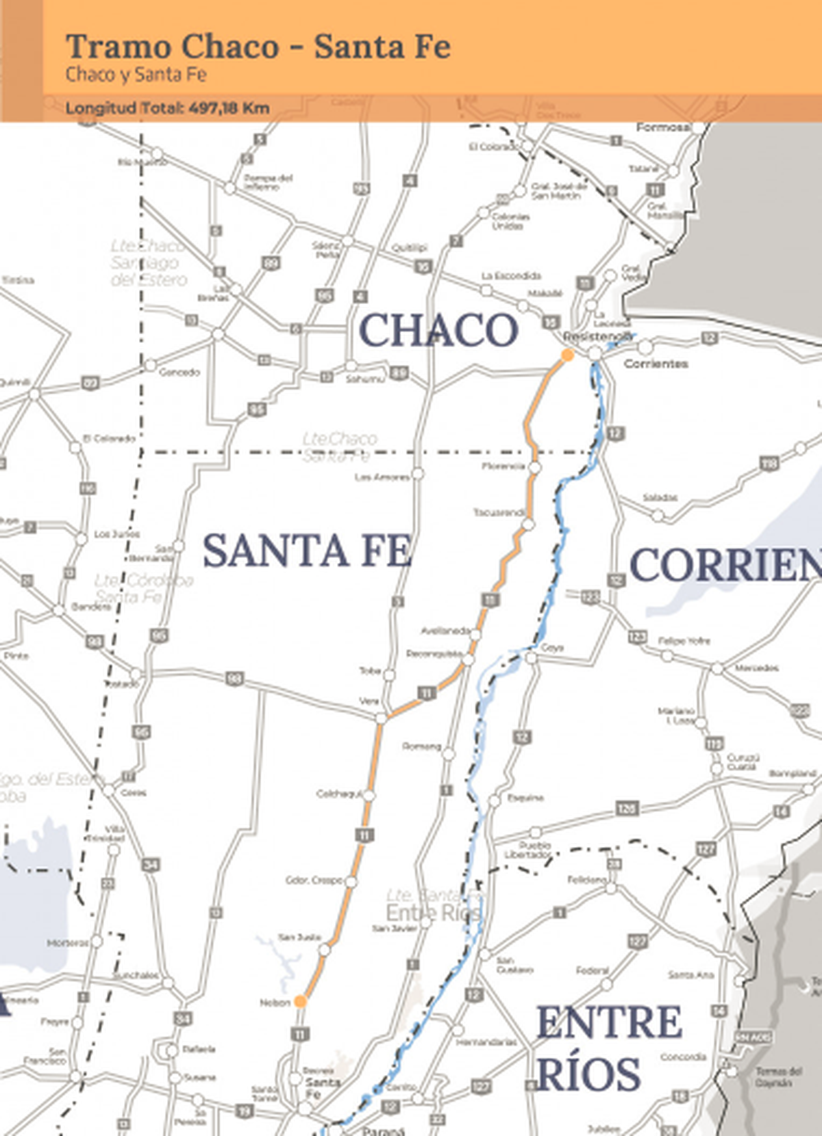 El tramo Chaco - Santa Fe comprende casi 500 kilómetros de la Ruta Nacional 11.