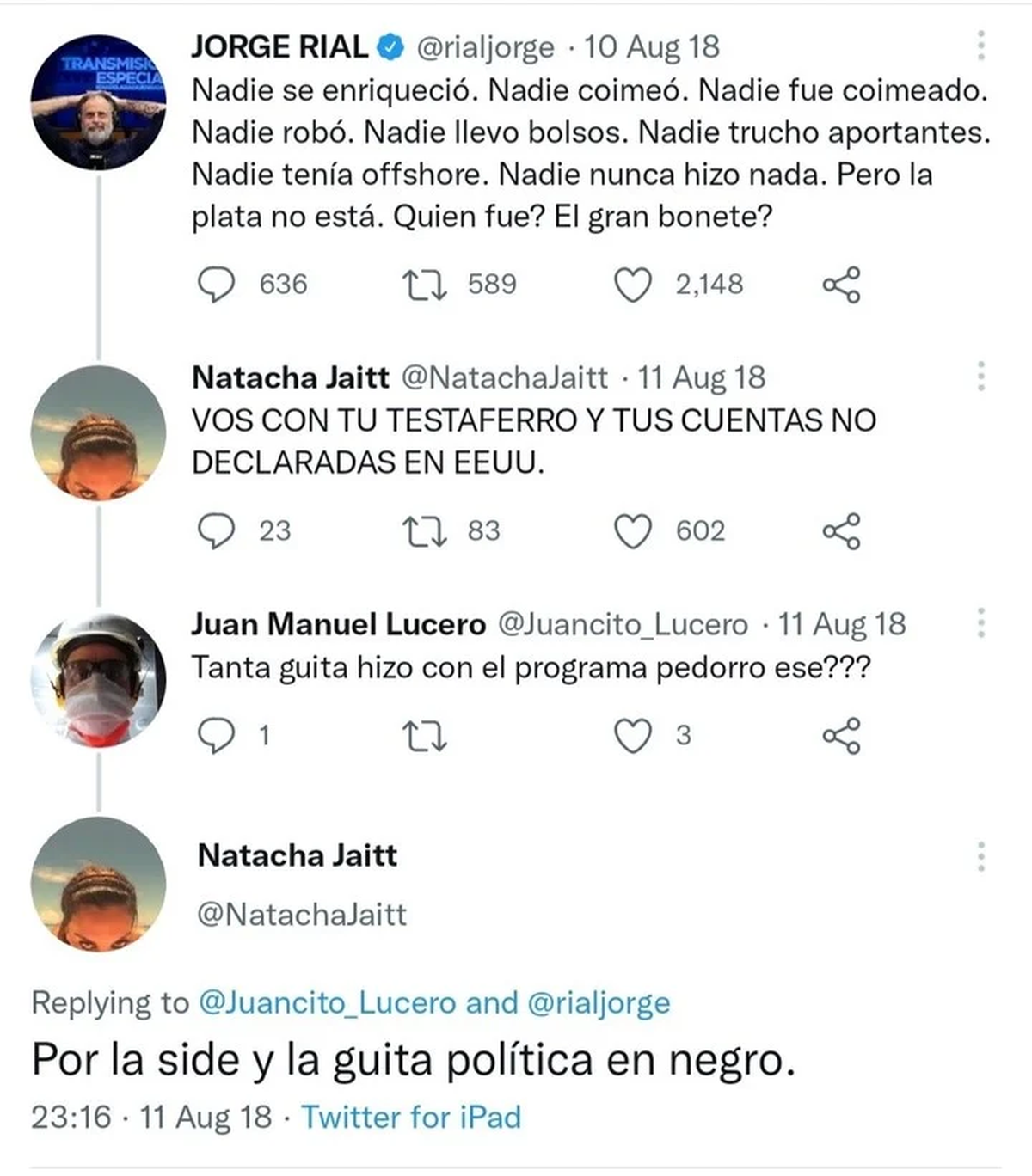Natacha Jaitt contra Jorge Rial en 2018 (Twitter).