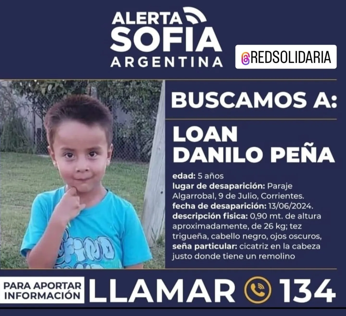Alerta Sofía: la imagen de Loan, difundida por Red Solidaria. Alerta Sofía: la imagen de Loan, difundida por Red Solidaria.