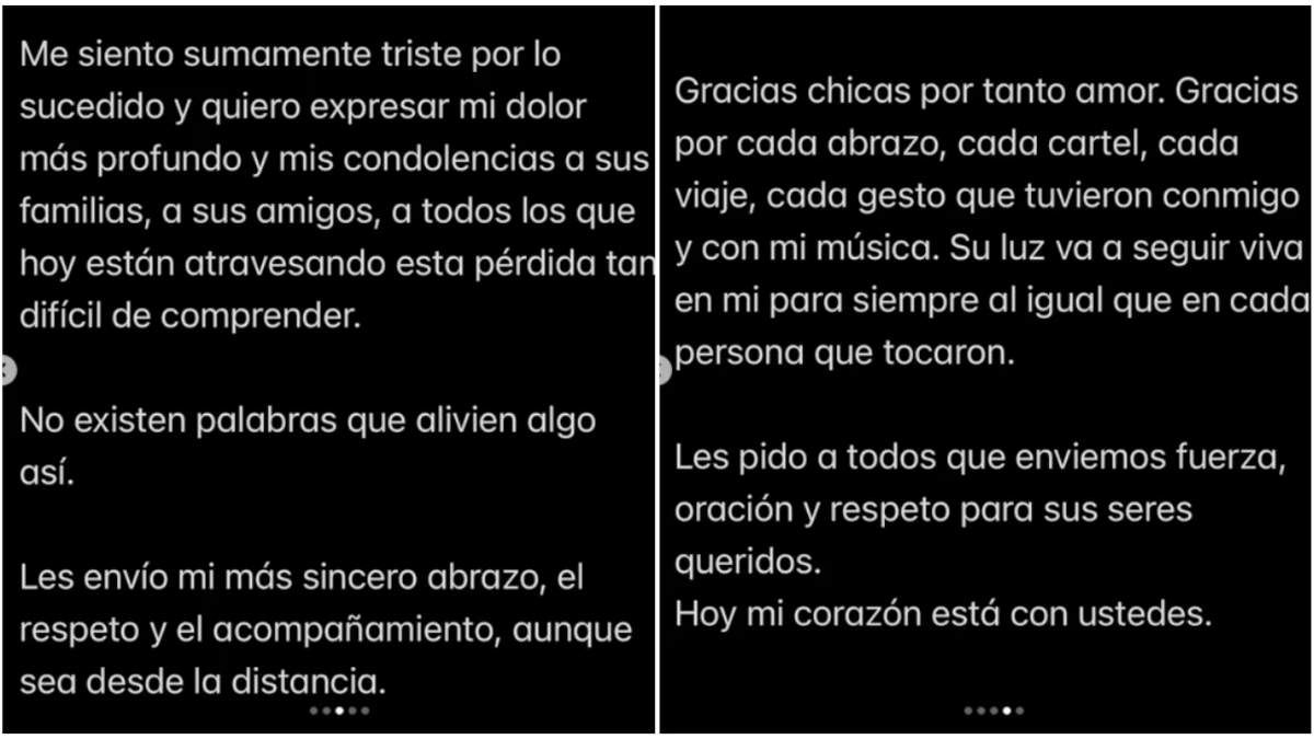 Axel publicó una carta en su Instagram luego de enterarse del accidente fatal en el que fallecieron cuatro mujeres fans de su música. Axel publicó una carta en su Instagram luego de enterarse del accidente fatal en el que fallecieron cuatro mujeres fans de su música.