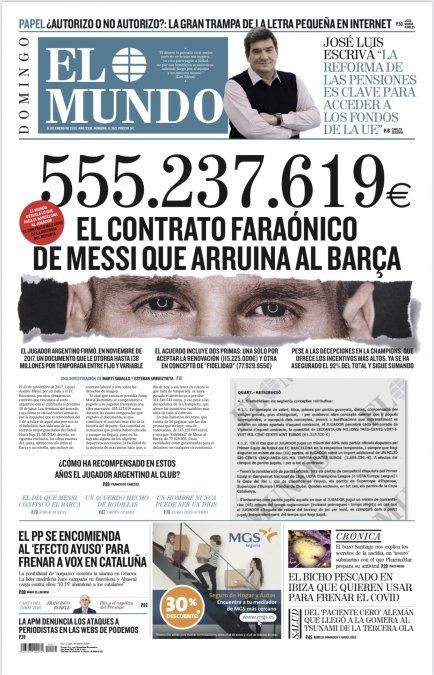 La tapa del diario El Mundo que revela lo que gana Lionel Messi en el Barcelona.