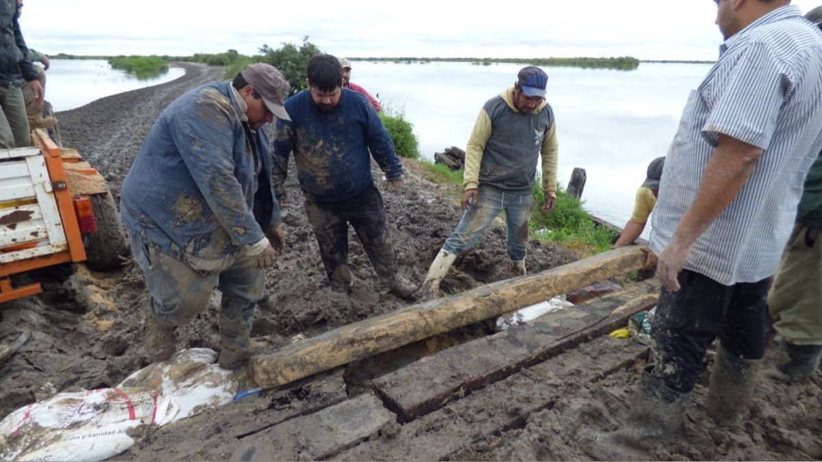 Una cuadrilla de la Comuna de Fortín Olmos trabajó en ambos extremos del puente para garantizar la transitabilidad.