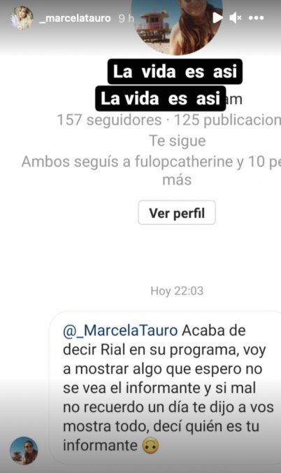 Marcela Tauro le lanzó un palito a Jorge Rial a través de sus redes sociales.