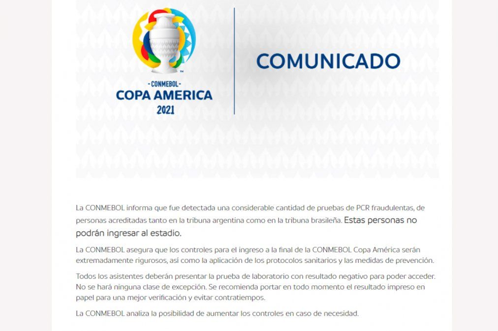 El comunicado de la Conmebol informando la detección de test falsificados.