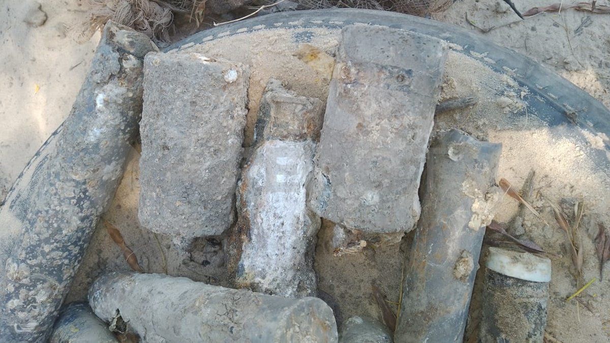 Los elementos encontrados en la bolsa, a orillas del Salado.