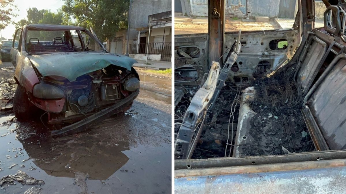 Tras el incendio, el Chevrolet Corsa presenta destrucción total. Tras el incendio, el Chevrolet Corsa presenta destrucción total.