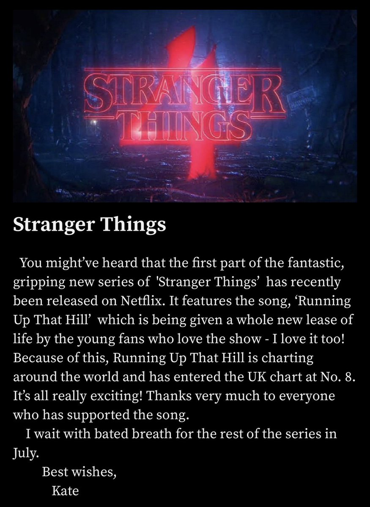 La declaraci&oacute;n completa de Bush haciendo referencia al renovado inter&eacute;s en su canci&oacute;n