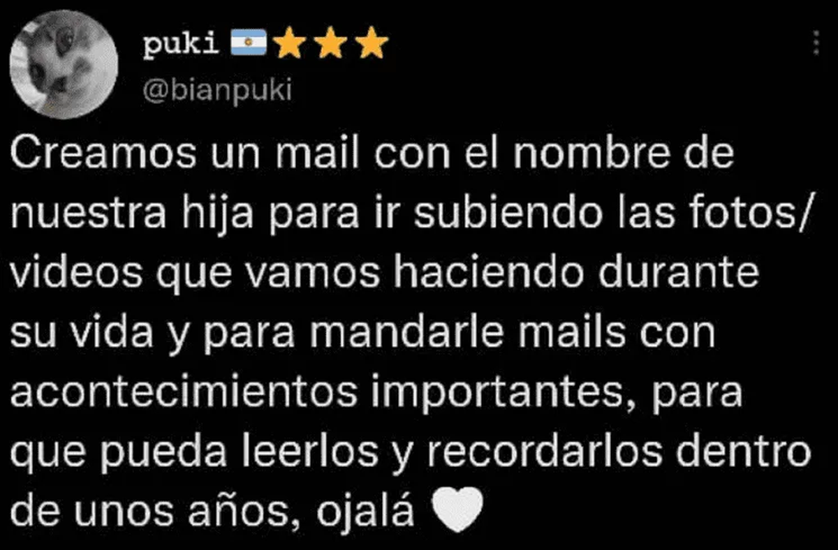La joven creó un mail a nombre de su bebé para poder guardar los recuerdos y que los pueda ver en un futuro.