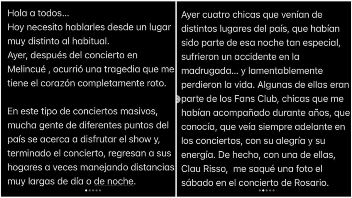Axel publicó una carta en su Instagram luego de enterarse del accidente fatal en el que fallecieron cuatro mujeres fans de su música. Axel publicó una carta en su Instagram luego de enterarse del accidente fatal en el que fallecieron cuatro mujeres fans de su música.