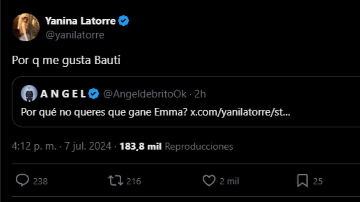 Yanina Latorre reveló que su finalista favorito de Gran Hermano es Bautista Mascia. Yanina Latorre reveló que su finalista favorito de Gran Hermano es Bautista Mascia.