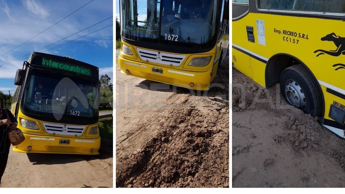 Un colectivo de Autobuses Santa Fe se enterró en una calle del country El Paso.