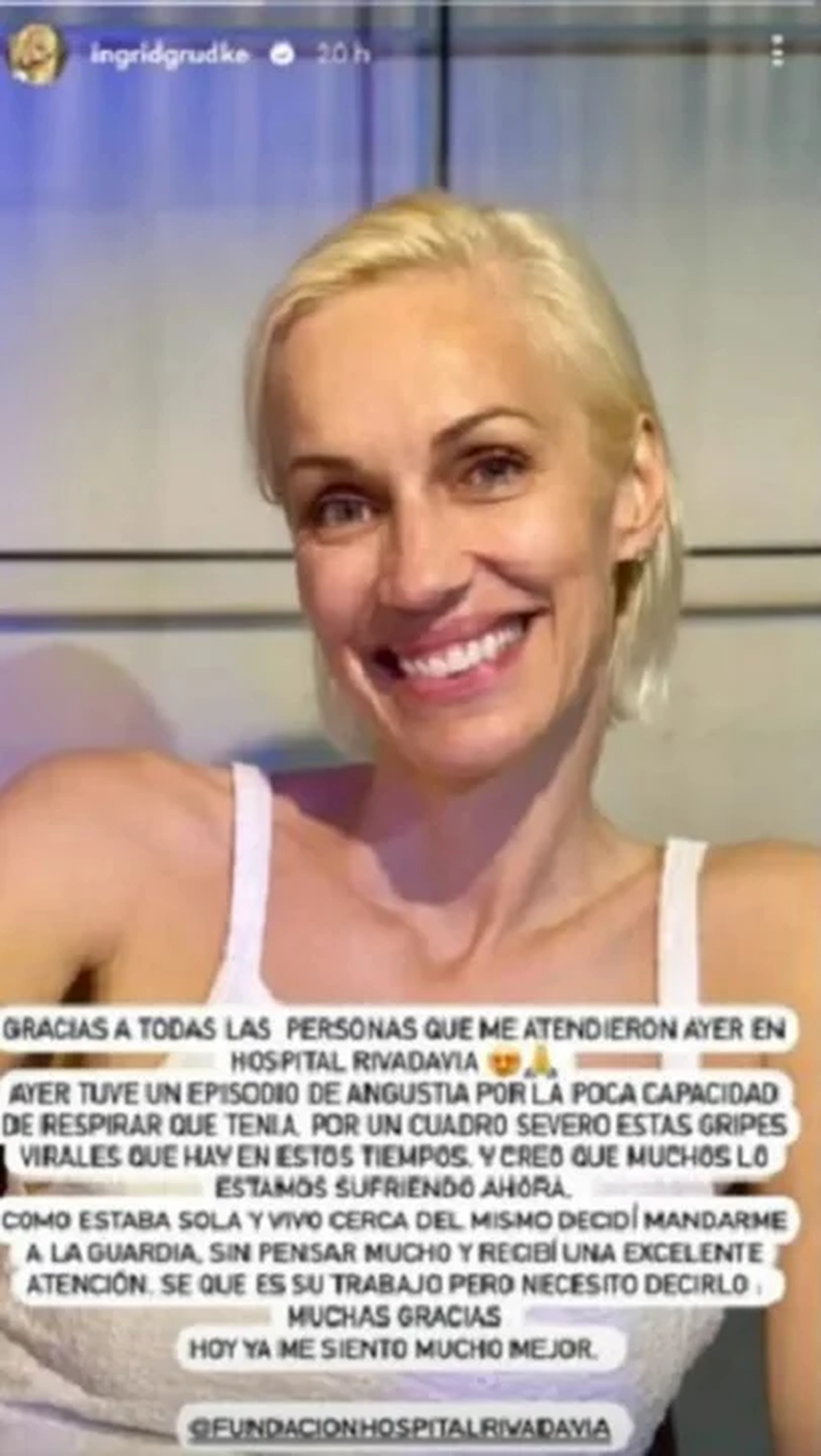Ingrid Grudke acudió al Hospital Rivadavia como consecuencia de un problema de salud. Ingrid Grudke acudió al Hospital Rivadavia como consecuencia de un problema de salud.